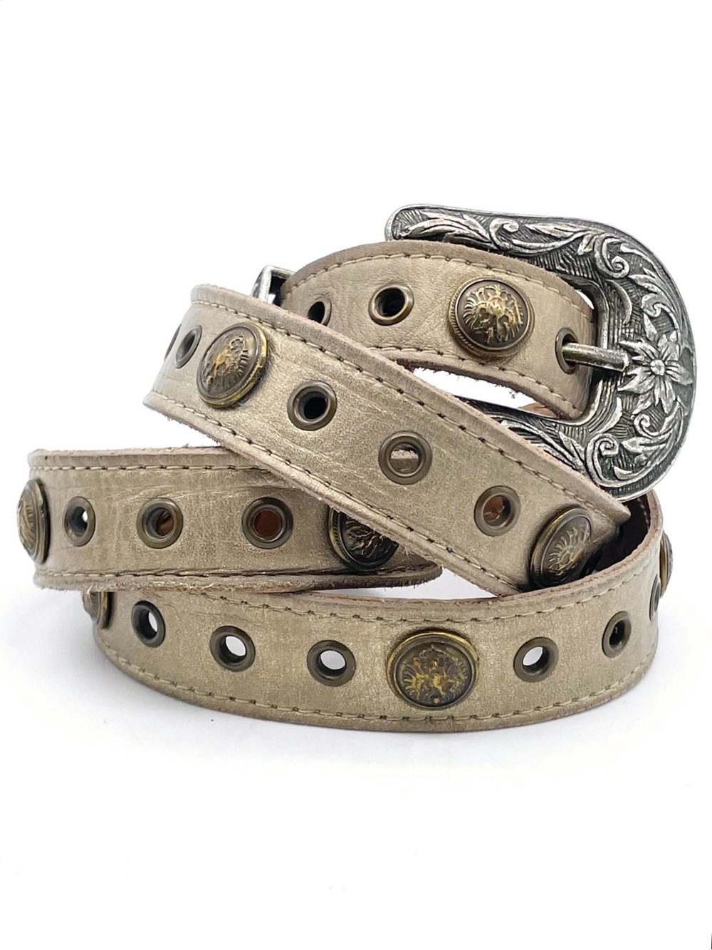Vintage Western Leather Belt Taupe Tan Studded Floral Engraved Buckle Size XL - Picture 5 of 9